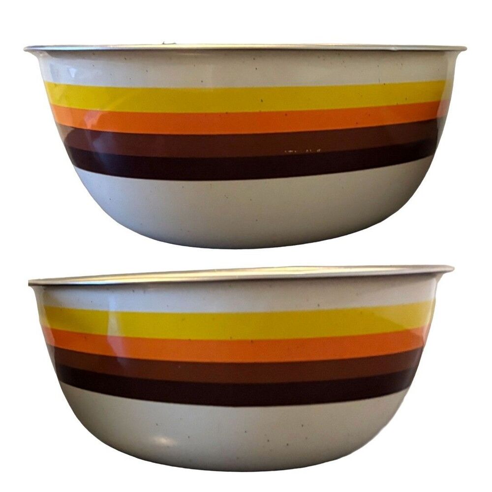 Vintage Enamel Mixing Bowls Set of 2 Striped Yellow Orange Brown 8" 8.5"